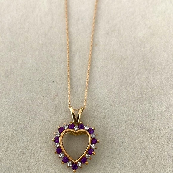 New! Amethyst & Diamond Open Heart Gold Necklace - Picture 2 of 9
